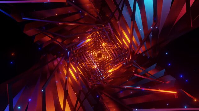 4K seamless orange and blue VJ loop with abstract high-tech polygonal geometry and glowing light streaks for VJ sets, high-tech club visuals, music festivals, stage screens, LED video walls