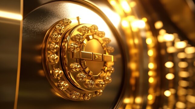 Intricate gold vault door lock mechanism illuminated by focused overhead lighting, representing secure wealth and high security