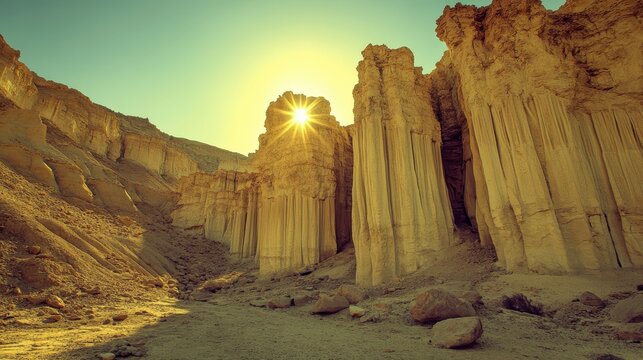 Towering eroded rock formations sculpted by nature in a vast desert landscape bathed in dramatic sunlight.