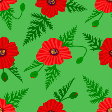 Red poppy wildflowers seamless pattern. Meadow papaver floral background with green leaves and buds. Vector flat design illustration on a green background.
