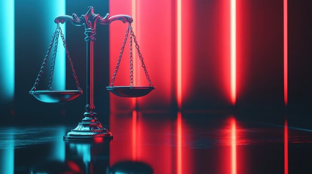 The Majestic Scales of Justice Illuminated by Dramatic Red Courtroom Lights