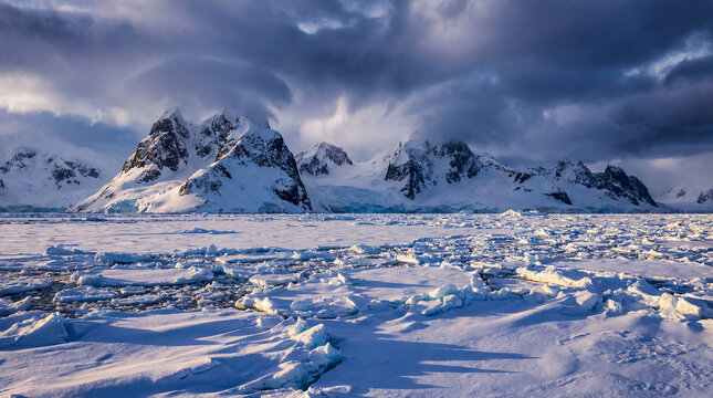 polar mountains snow ice landscape winter cold glacier wilderness panorama a vast frozen plain with distant peaks and textured snow under moody light for editorials branding and storytelling