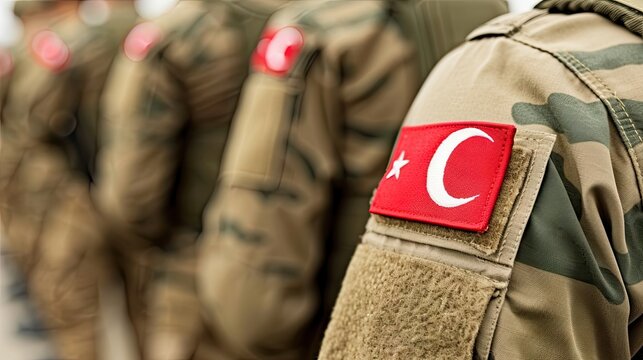 Close-up of Turkish soldier's uniform with flag patch amidst a group in military formation by the barracks during training