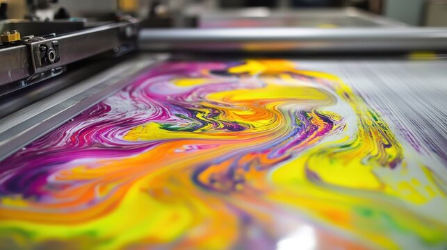 Vibrant fluid ink swirling and spreading on a glossy surface during an inkjet printing process