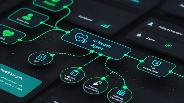 AI Health Agent system diagram showcasing diagnosis, treatment, and monitoring capabilities