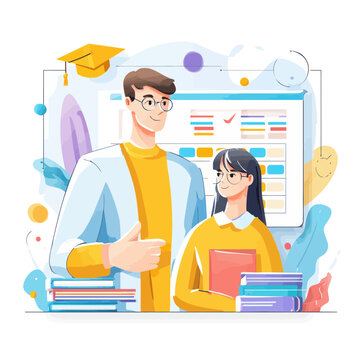 Academic advisor and student with books and graduation cap