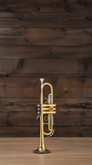 Fototapeta premium Close-up of a gleaming trumpet resting against a wooden backdrop with musical notes, capturing the essence of music and artistry in a serene setting