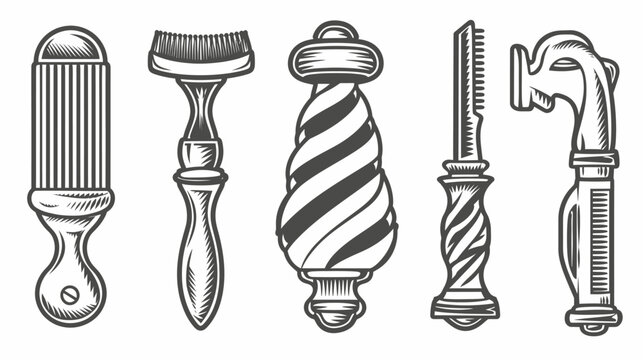 Five antique, engraved-style grooming implements, isolated on a white background