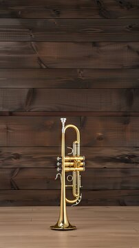 Close-up of a gleaming trumpet resting against a wooden backdrop with musical notes, capturing the essence of music and artistry in a serene setting