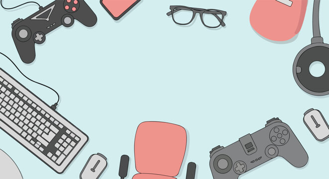 Top-down vector illustration featuring gaming peripherals and tech accessories arranged around a central blank space on a light blue background.
