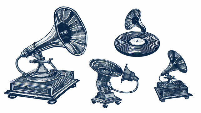 Vector illustration set featuring antique gramophones and records in a vintage style
