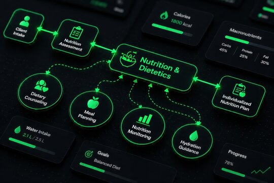 Nutrition and Dietetics digital flowchart with health icons representing assessment planning and monitoring