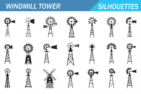 Wind pump tower silhouettes bundle with classic farm mill symbols on white background