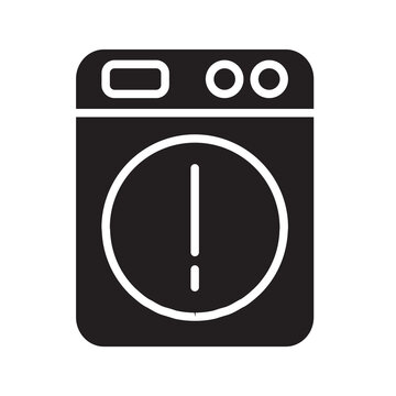 Solid vector illustration of a washing machine with an exclamation mark representing error or maintenance.