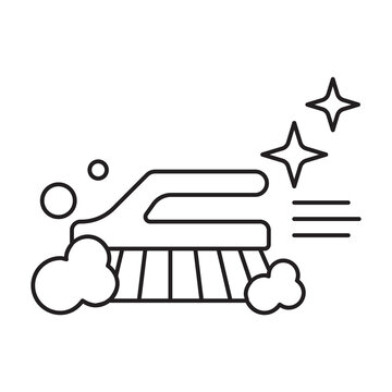 Line vector illustration of a scrub brush with soap bubbles, representing household cleaning, washing, and laundry chores.
