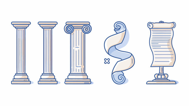 Classic architecture and document scrolls in line art with soft blue & peach hues
