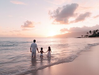 Fototapeta premium A father and two children walk hand-in-hand into the ocean at sunset, enjoying a peaceful beach moment with soft pastel skies and gentle waves.