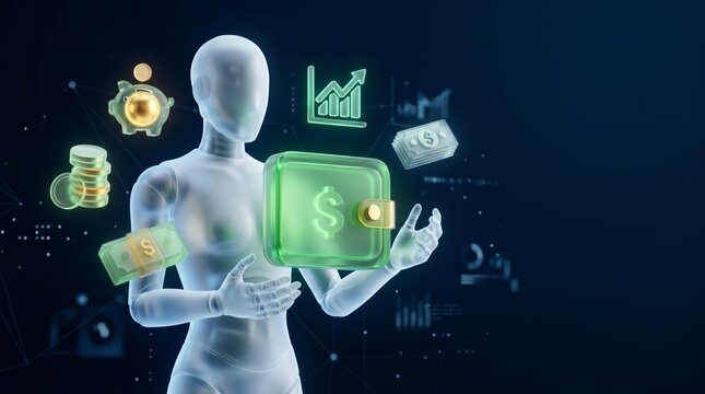 AI Robot Holding Digital Wallet with Financial Icons on Dark Blue Background 3d render
