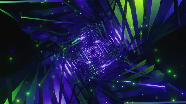 4K seamless green and lilac VJ loop with abstract high-tech polygonal geometry and glowing light streaks for VJ sets, high-tech club visuals, music festivals, stage screens, LED video walls