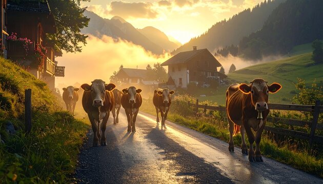 Cows walking down alpine village road at golden sunset with misty mountains