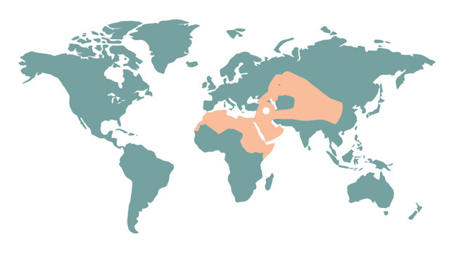 Map showing the migration route of a species across Africa and Eurasia on a world map with highlighted regions.