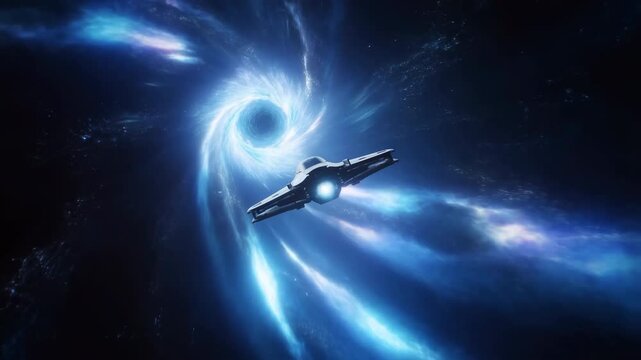 Hightech Spacecraft Swiftly Approaches Glowing Wormhole With Nebula Illumination And Starfighter Escort