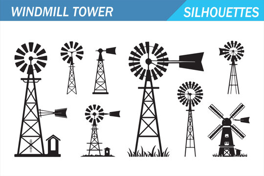Windmill tower silhouettes set isolated on white background, vintage rural wind pump icon collection, black tower mill symbols for agriculture, energy, farm, industry, and design use