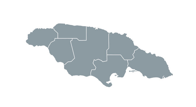 A simplified grayish blue map illustration depicts the island nation of Jamaica showcasing its distinct parishes high quality