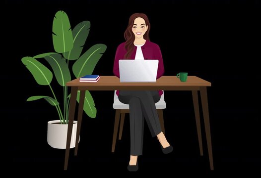 Loopable 2D vector animation of a businesswoman sitting at desk and typing on laptop. Includes alpha channel on transparent background	