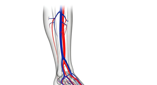 A detailed illustration of the human leg showing the circulatory system with arteries and veins.