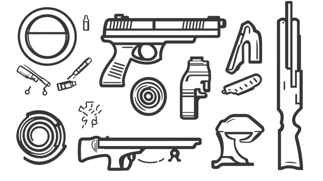 A collection of various firearm related objects in simple black and white outline form