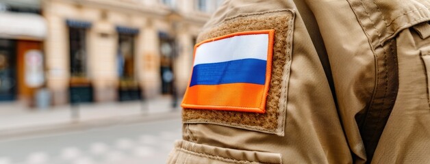 Obraz premium A soldier's Russian flag patch stands out against the blurred backdrop of a bustling military base during a serene daylight moment