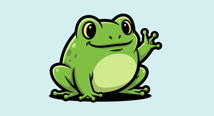 Fototapeta premium Cartoon frog waving hello on light blue background flat vector illustration