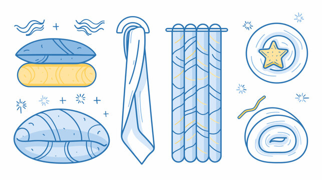 Various stylized bathroom amenities in light blue & yellow hues, flat, minimalist illustration