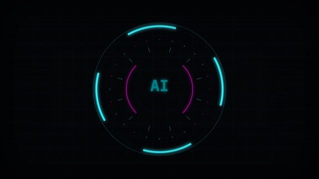 Glowing neon circular interface with central AI label holographic grid and rotating indicators glow