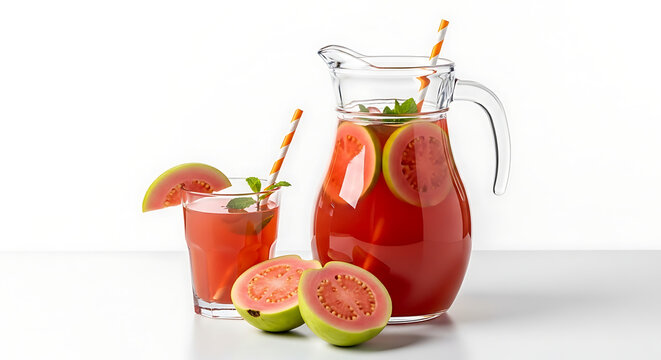 Pitcher and glass of fresh red guava juice with fruit slices and mint leaves on white background, healthy summer drink, high-quality commercial food photography with crisp focus and vibrant colors