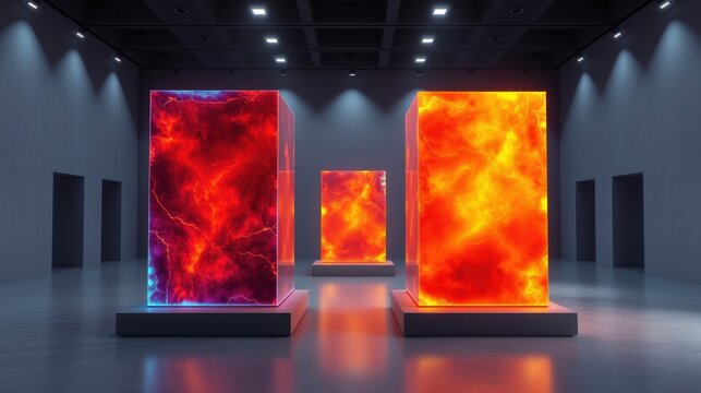 Gallery displays glowing rectangular prisms. Fiery colors dominate scene, creating dramatic visual impact. Modern architecture, dark ambiance.
