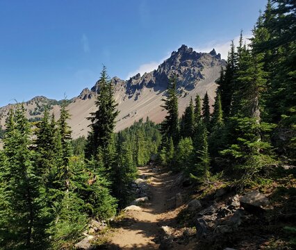 Scenic View of the Jagged Summit of Three Fingered Jack Rising Above the Pacific Crest Trail in the Oregon Cascades