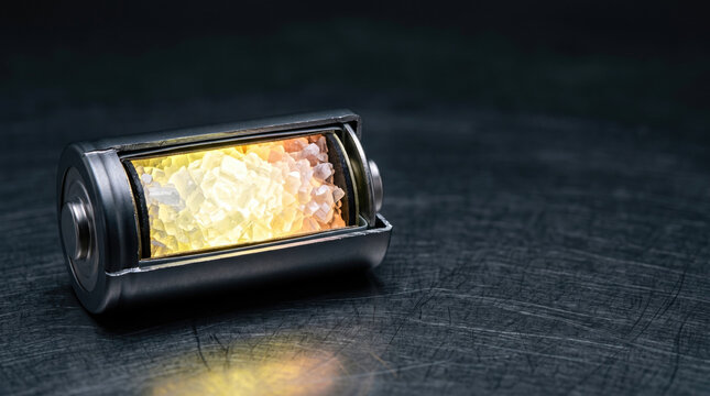 Cutaway Solid-State Battery with Glowing Energy Crystal Structure