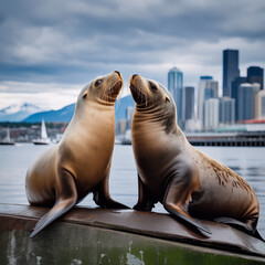 Fototapeta premium Two sea lions face off on a rocky shoreline near the Seattle waterfront, striking dramatic postures under a cloudy sky, captured in a realistic wildlife photography style.