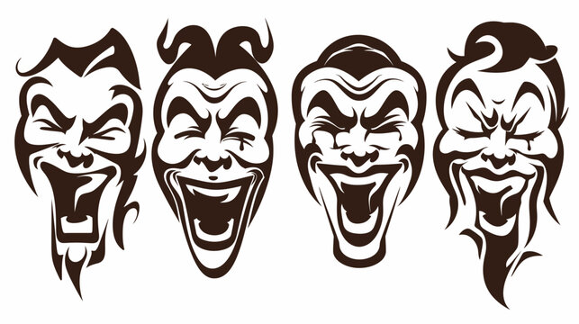Vector illustration of four stylized, maniacal laughing faces, brown on white