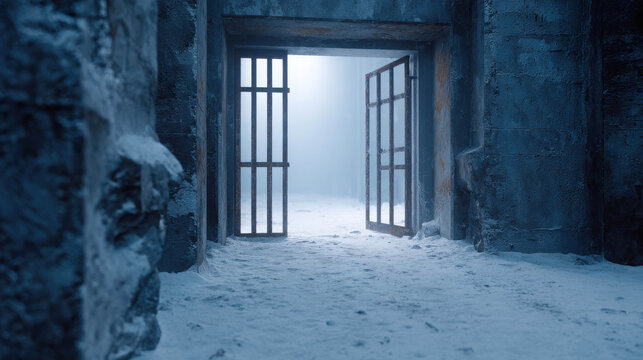 An open prison gate, offering a glimpse of the unknown outside