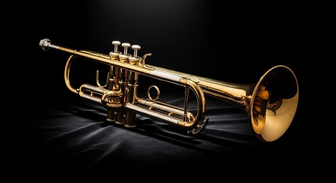 Golden Trumpet Musical Instrument on a Dark Background.