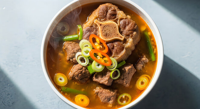 Steaming Korean short ribs soup in white bowl with green onions and chili slices in warm natural lighting for food blog
