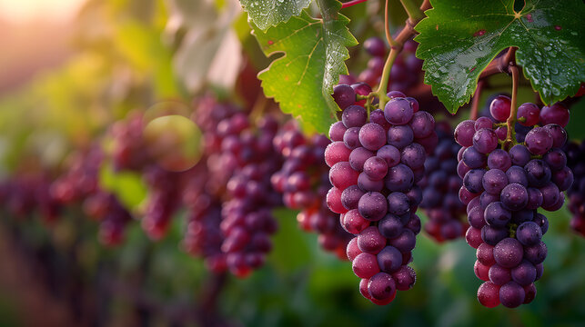 Bunches of red grapes grow on a vine