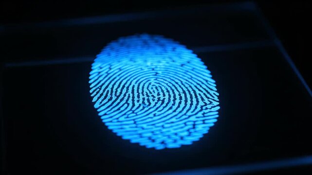 Close up of a glowing blue fingerprint on a dark background.