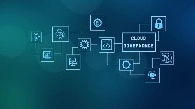  Enterprise cloud governance and compliance policy management concept with digital icons for secure cloud infrastructure and regulatory control.