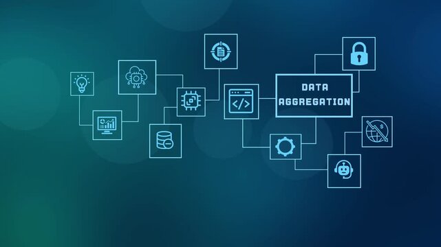  Data aggregation and central information management concept with connected node icons representing collection and analysis of multiple data sources.