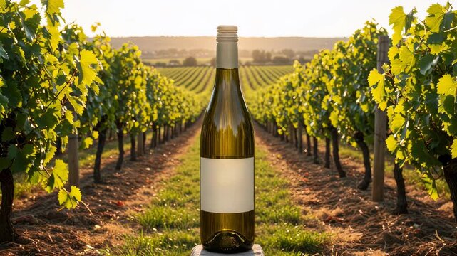Blank white wine bottle in vineyard. Empty label on glass bottle standing in nature. Agriculture mockup for organic drink brand advertisement and beverage design.