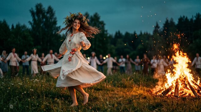 Dancing beside a midsummer bonfire in white dress for Ivan Kupala holiday